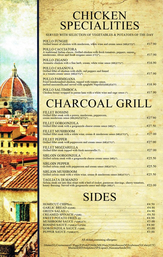 Our Menu Italian Restaurant Cork Ristorante Rossini